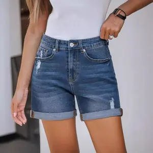 Women's summer new straight slim-fit worn hemmed denim shorts