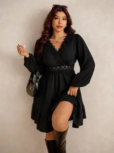 ✨ Plus Size Elegant Solid Color Lace Patchwork Dress, Flattering Fit For Parties And Special Events.