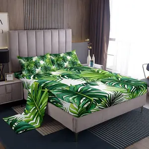 Feelyou Microfiber Tropical Bedding Set - Palm Leaf Print Green White Decorative Bedsheet Sets, Deep Pocket Fitted Sheet, Summer Decor for Teens