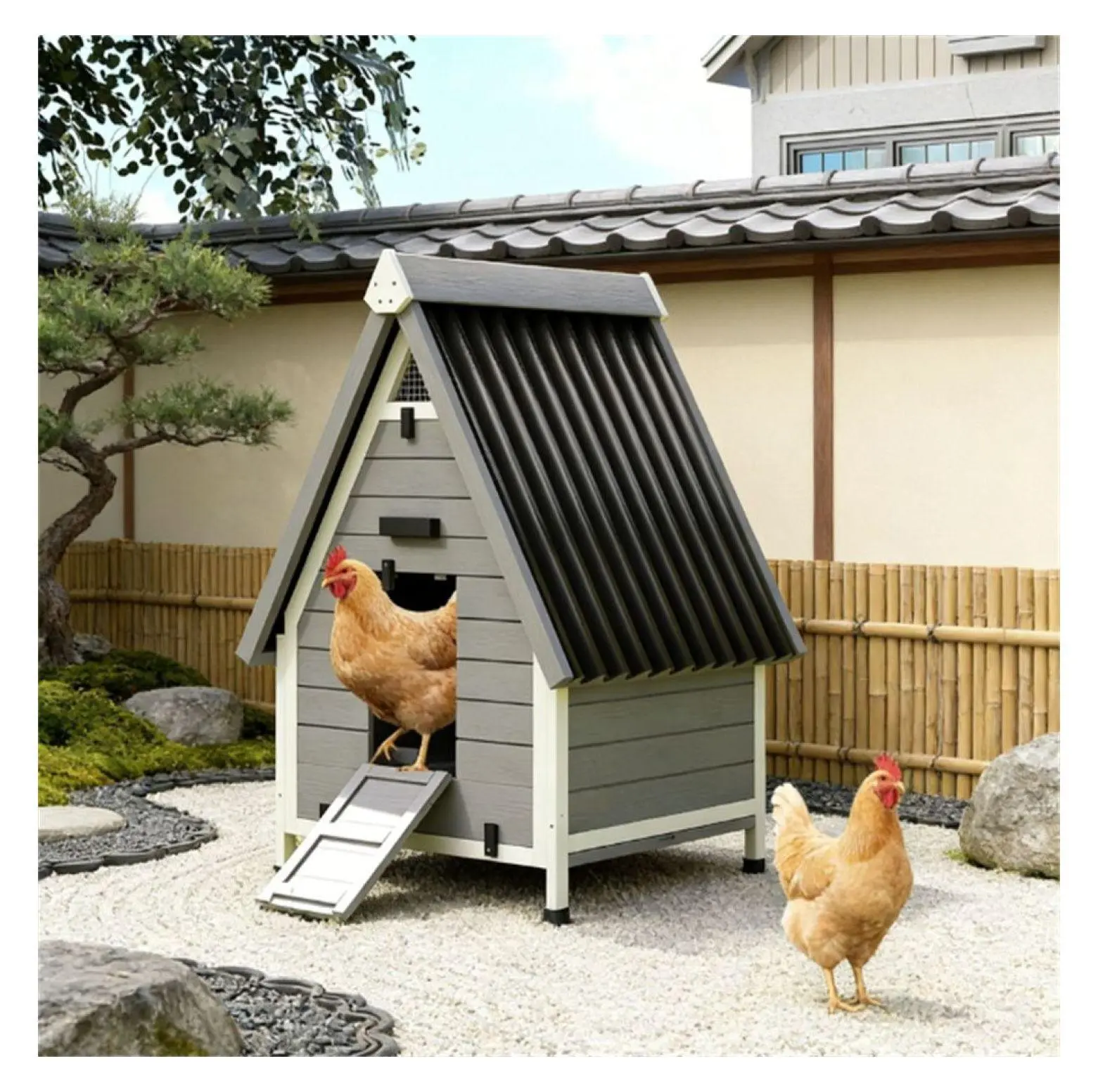 Chicken Coop Outdoor Wooden Villa - Small Backyard Coop for 1-2 Chickens, Rabbits - Weatherproof Fir Wood Coop with Ramp & Tray Gray