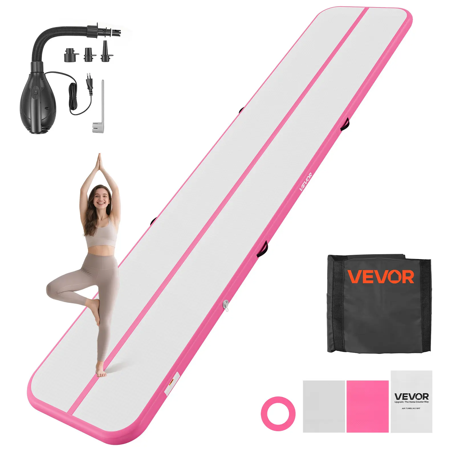 【SummerFinds】VEVOR Inflatable Gymnastics Air Mat 16.4 ft Training Mats w/ Electric Pump, 4 inches Thick Sturdy Tumble Track, Tumbling Mat for Home Use/Gym/Outdoor/Yoga/Cheerleading/Beach/Park/Water, Pink