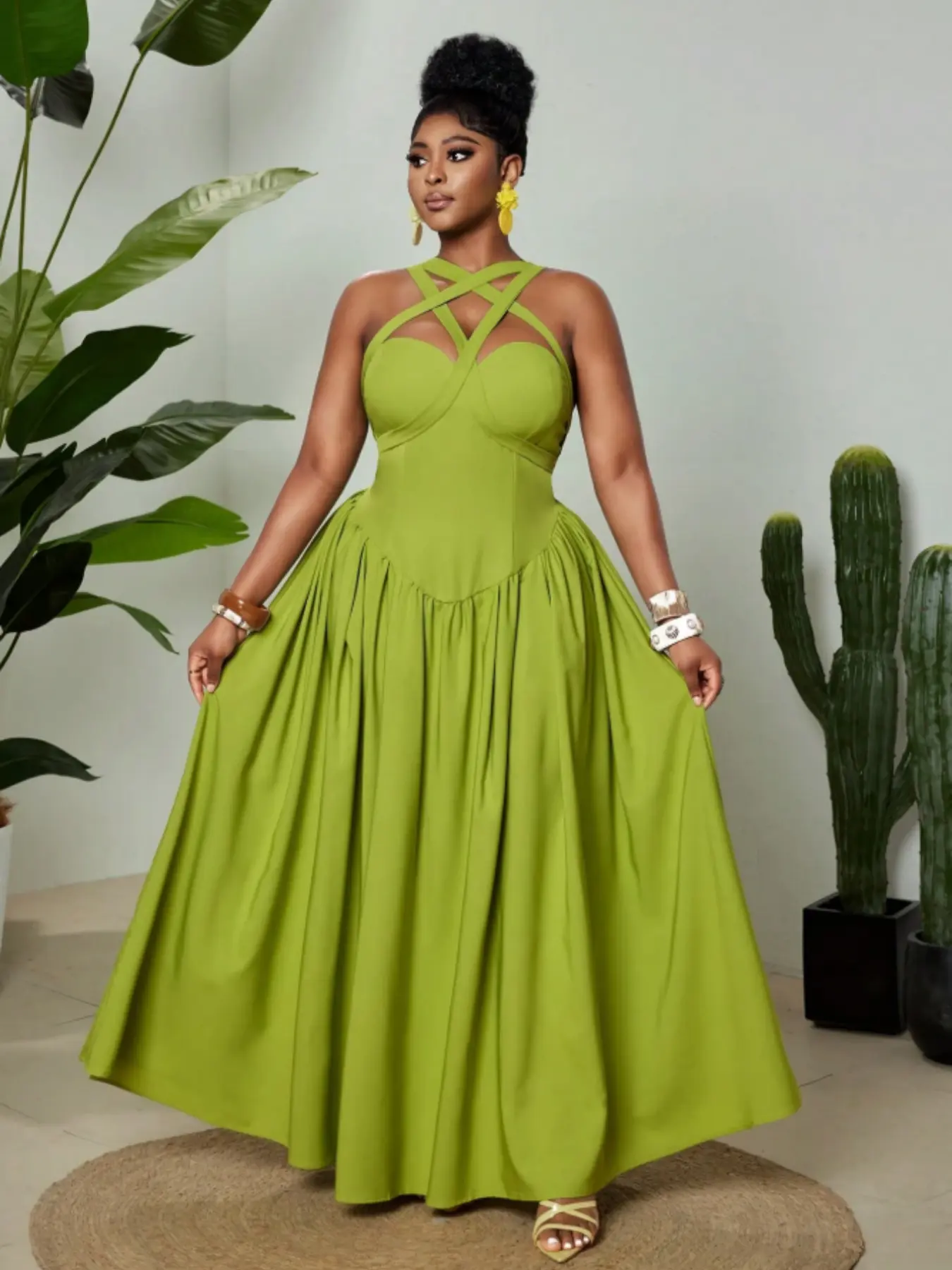 Elegant and Sexy Plus-Size Women's Sleeveless, Figure-Hugging, Flowing Dress with Thin Straps and Asymmetrical Neckline; Spring/Summer Green Evening Gown, Green Maxi Dress, Olive Green Bridesmaid Dress, Plus-Size Women's Dress with Adjustable Straps