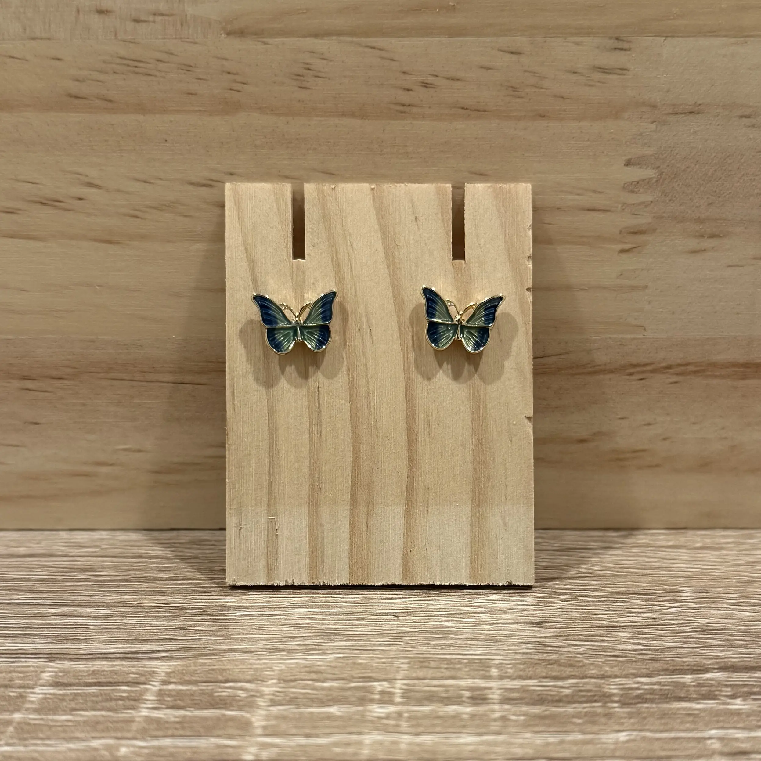 Twilight Wings Blue Enamel Butterfly Stud Earrings on Wooden Display Card Unisex Fashion Jewelry