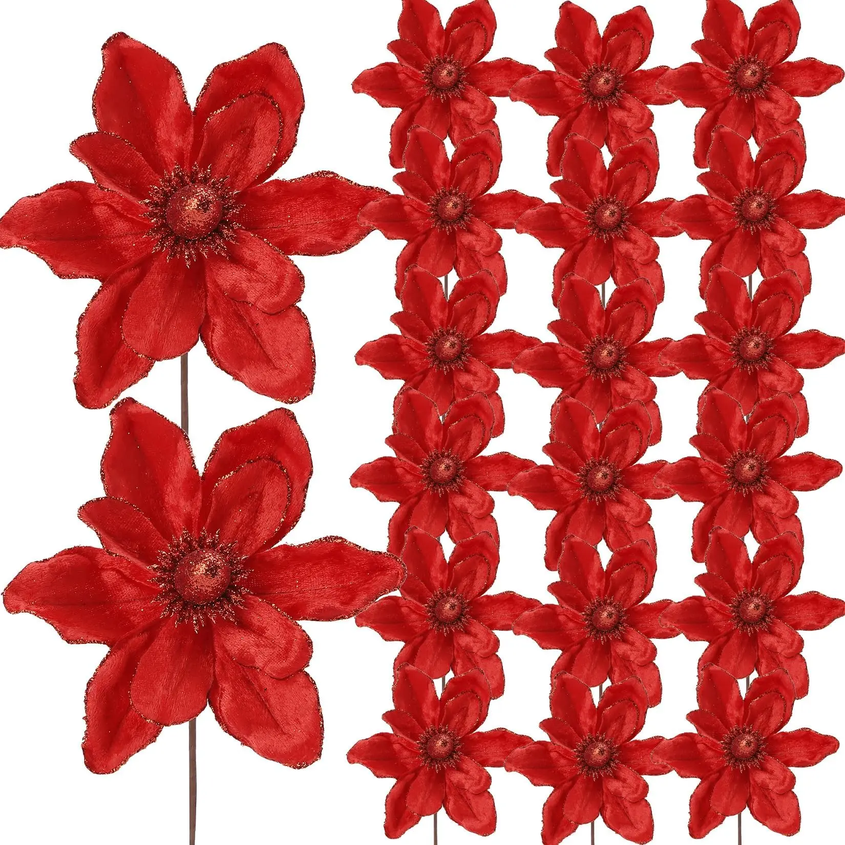 20 Pcs Large Christmas Flower, Artificial Magnolia Flowers Christmas Tree Decoration, Artificial Poinsettia Stems Velvet Ornaments for Xmas Tree Wreath Table Decor