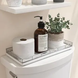 Bathroom Toilet Tank Tray, 13" Wood Back of Toilet Paper Basket Tank Topper Storage, Vanity Tray for Perfume Makeup Candle Toiletry Organizer for Kitchen Coffee Table Silver Tray Decor