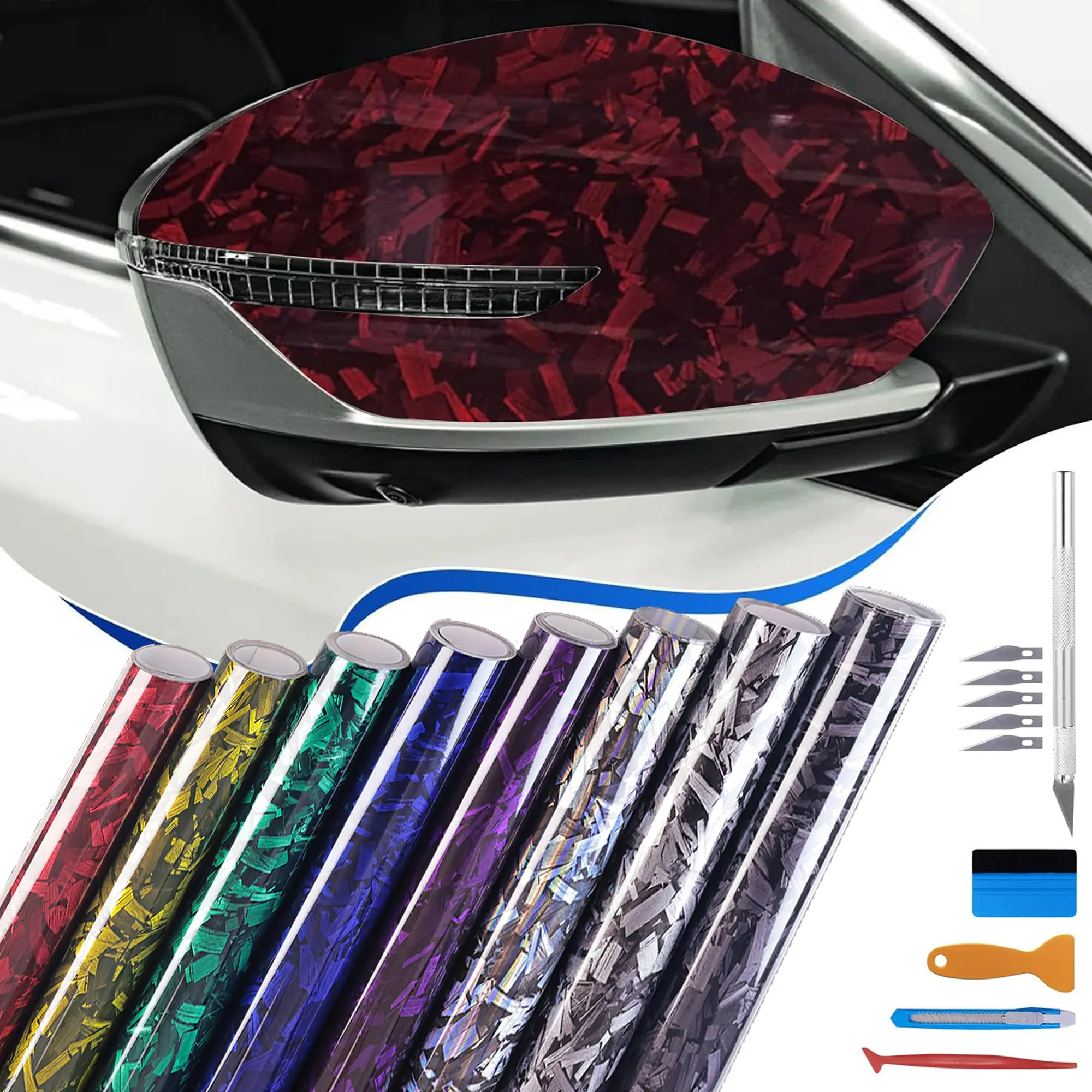 Forged Carbon Fiber Vinyl Wrap, High Gloss Car Wrap Vinyl Roll, Auto DIY Decal Film Sheet with Air Release Technology, Self-Adhesive Car Wrapping 1ft x 5ft - With Wrap Tools