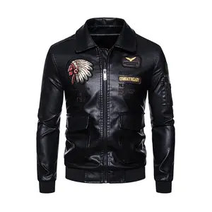 Men's Black Retro Faux Leather Jacket, Indian Chief Embroidery & Combat Ready Patches, Military Pilot Style Streetwear Coat