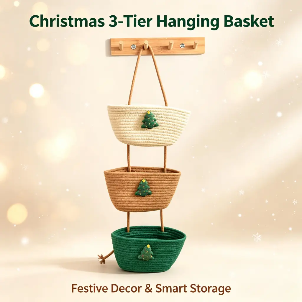 Christmas 3-Tier Hanging Basket - Cotton Rope Woven Wall Organizer with Christmas Tree Decor, Holiday Storage Basket for Bedroom Entryway Bathroom, Christmas Gift Idea washing
