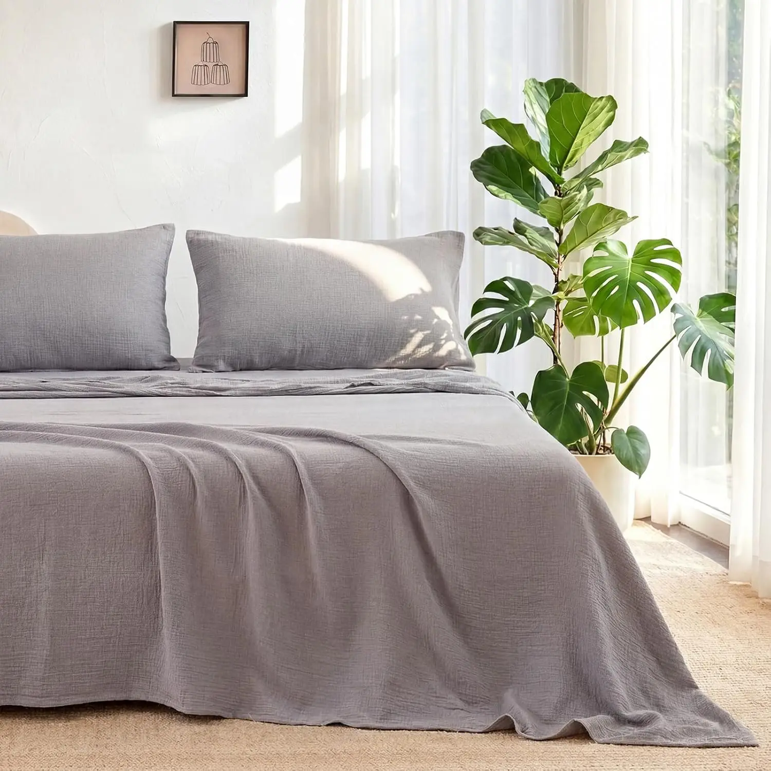 Sheet Set   Bed Sheets Gauze 4 count Grey Muslin Sheets Set 16" Deep Pocket Sheet & Pillowcase Sets Breathable Boho  Soft Bedding Sets for