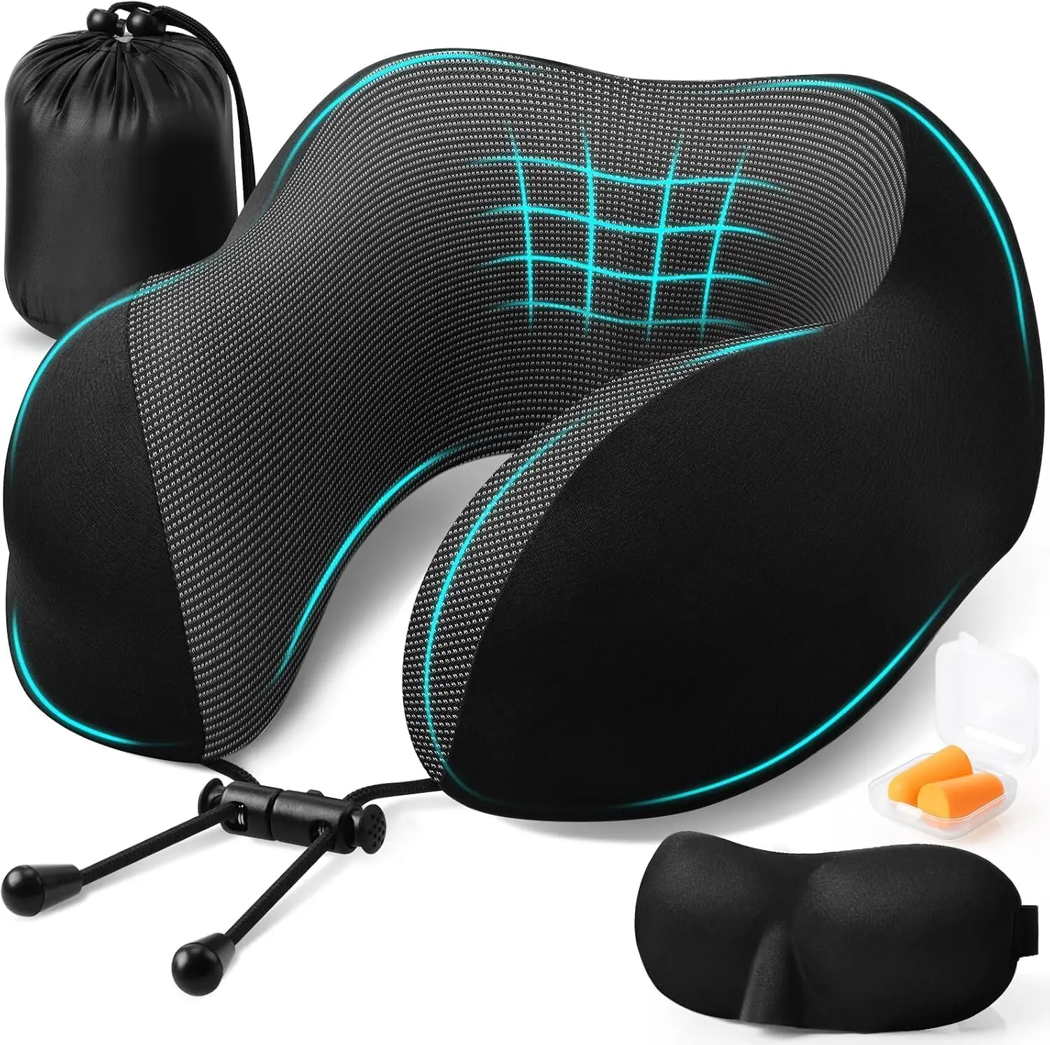 Travel Pillow, Travel Pillows for Sleeping Airplane, Neck Pillow Airplane, Memory Foam Neck Pillow Set with Eye Mask, Earplugs and Storage Bag