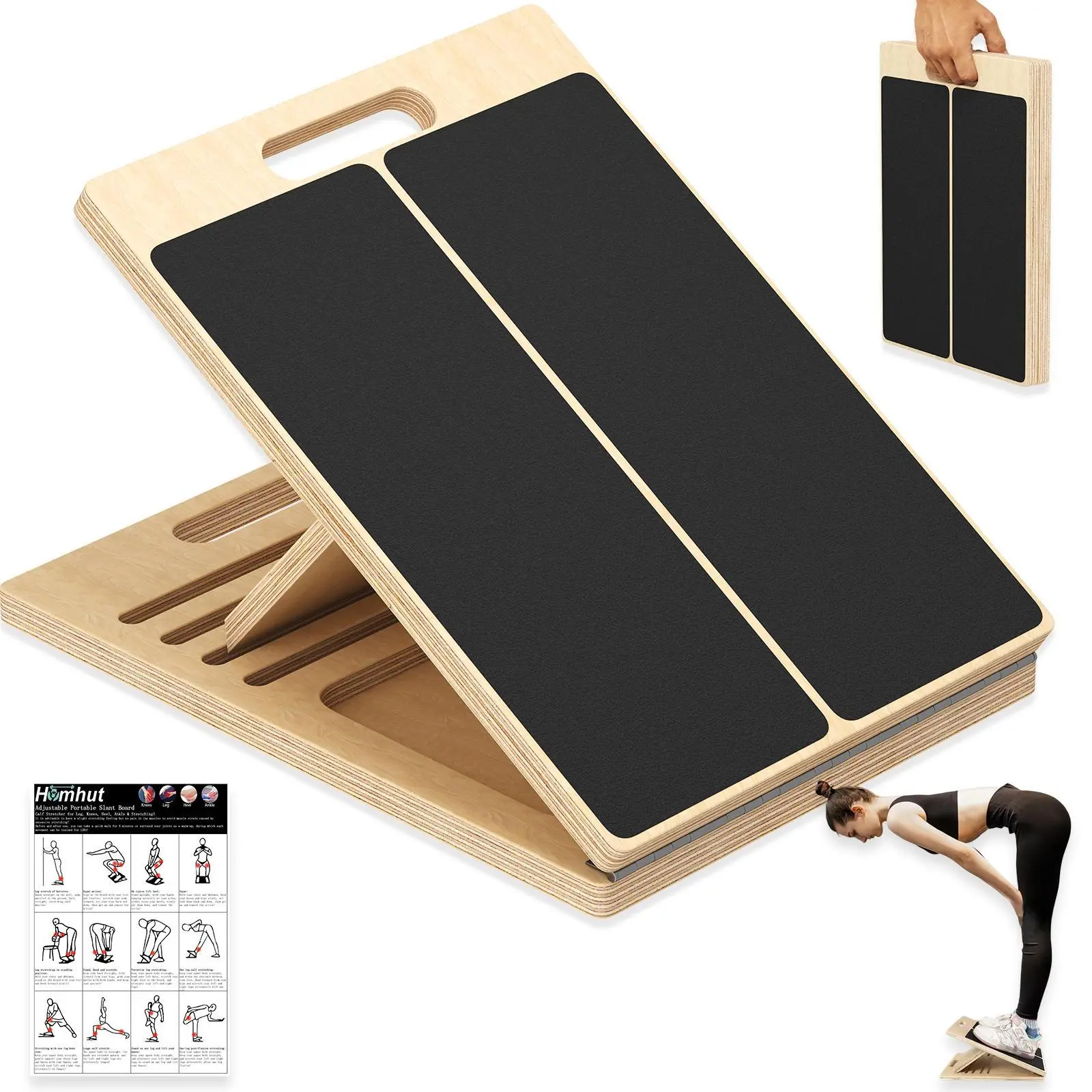Homhut Adjustable Wooden Slant Board, Portable Calf Stretcher for Squats Pilates Ankle Feet Physical Therapy