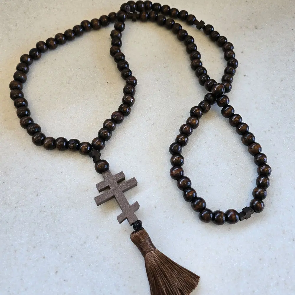 100-Bead Wooden Orthodox Prayer Rope – Komboskini with Cross and Tassel