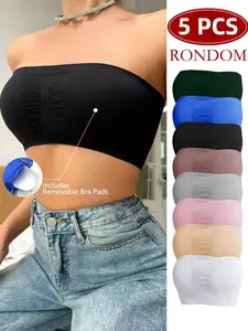 Women's Daily Wireless Bra Set, No Steel Cup Lined Bras, Removable Pads, Plain Color Strapless Tube Top, Medium Support, Elegant Style