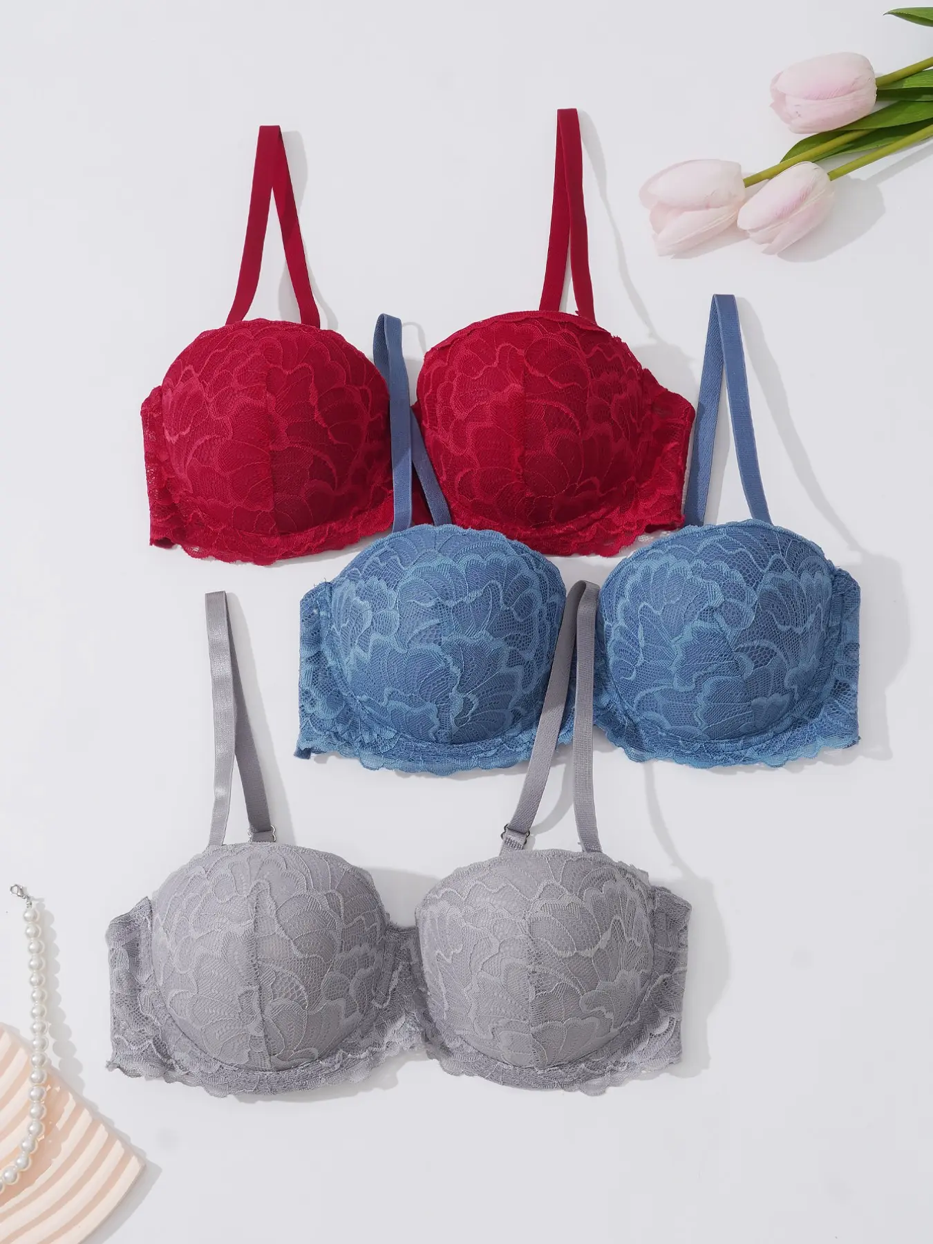 3/6pcs Women's Lace Cleavage Bra with Underwire, Anti-Sagging Lingerie, Max Support, Boho Style, Bohemian, Fitted, All Seasons, Plain Pattern
