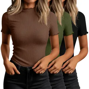 KAIXISAI 3 Pack Women's Mock Turtleneck Tops Short Sleeve Cotton Lettuce Trim Ribbed Shirts Slim Tee Business Casual Outfits