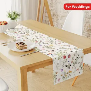 1pc Spring Wildflower & Butterfly Linen Table Runner - Vibrant Watercolor Floral Design, 100% Linen, Perfect for Dining Decor, Weddings, Indoor & Outdoor Use, Available in 13x48/72/108 Inch