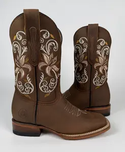 Magnolia Tan Cowboy Boots with Floral Embroidery Comfortable Square Toe Design in Cow Hide Material for Stylish and Practical Wear