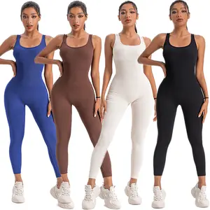 Women's Ribbed Spotted Nylon Sleeveless Bodycon Body Shaper Jumpsuit, Solid Color Sporty Comfy Activewear for Yoga, Workout, Fitness Gym Clothing, Workout Jumpsuit, Yoga Jumpsuit