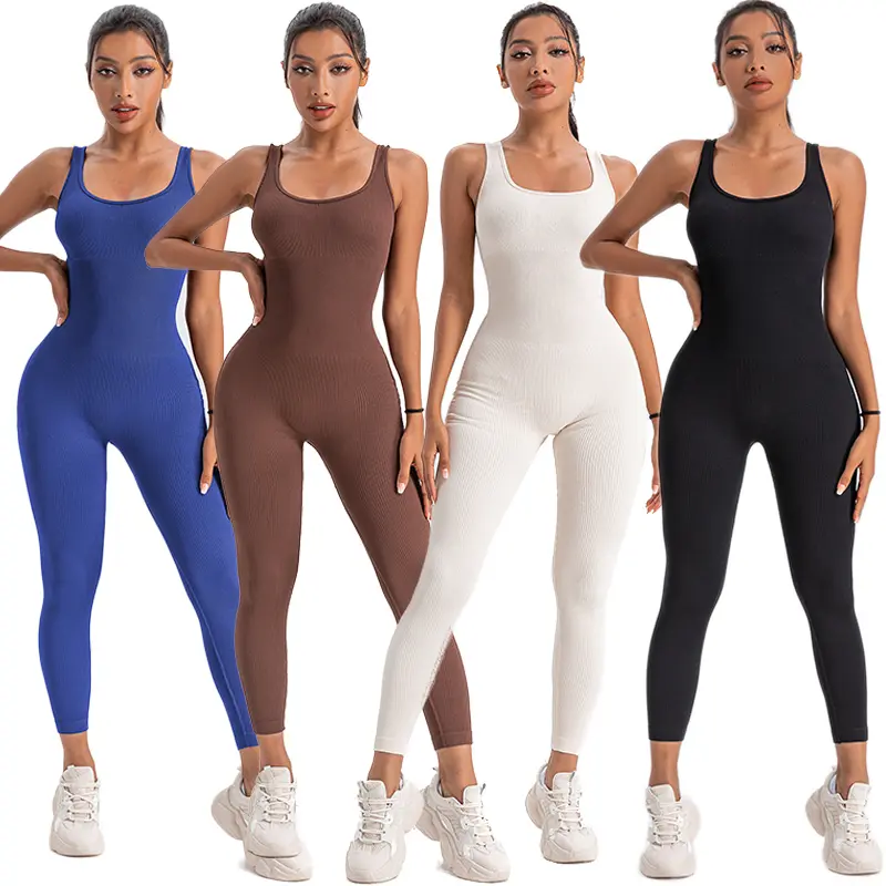 Women's Ribbed Spotted Nylon Sleeveless Bodycon Body Shaper Jumpsuit, Solid Color Sporty Comfy Activewear for Yoga, Workout, Fitness Gym Clothing, Workout Jumpsuit, Yoga Jumpsuit