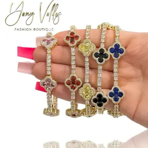 Gold Plated Clover Tennis Bracelet 7in Four Leaf Design for Women