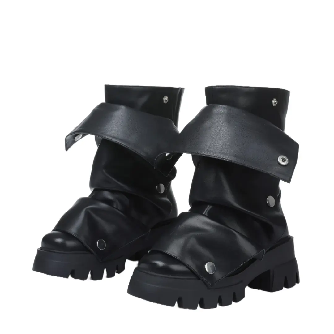 EROCALLI Women's 2025 Foldable Pull-On PU Platform Mid-Calf Boots, Round Toe, Chunky Stacked Heel, Rubber Sole, Korean Style, Alternative Style Statement Walking Shoes, Goth Punk Footwear