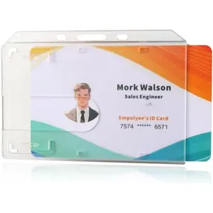 50 Pack Hard Plastic Badge Holder-Horizontal Heavy Duty ID Card Holder-Rigid Case Single I'd Protector with Easy Access Thumb Slot & Chain Holes for Clips,Lanyards & Reels-Frosted Clear by