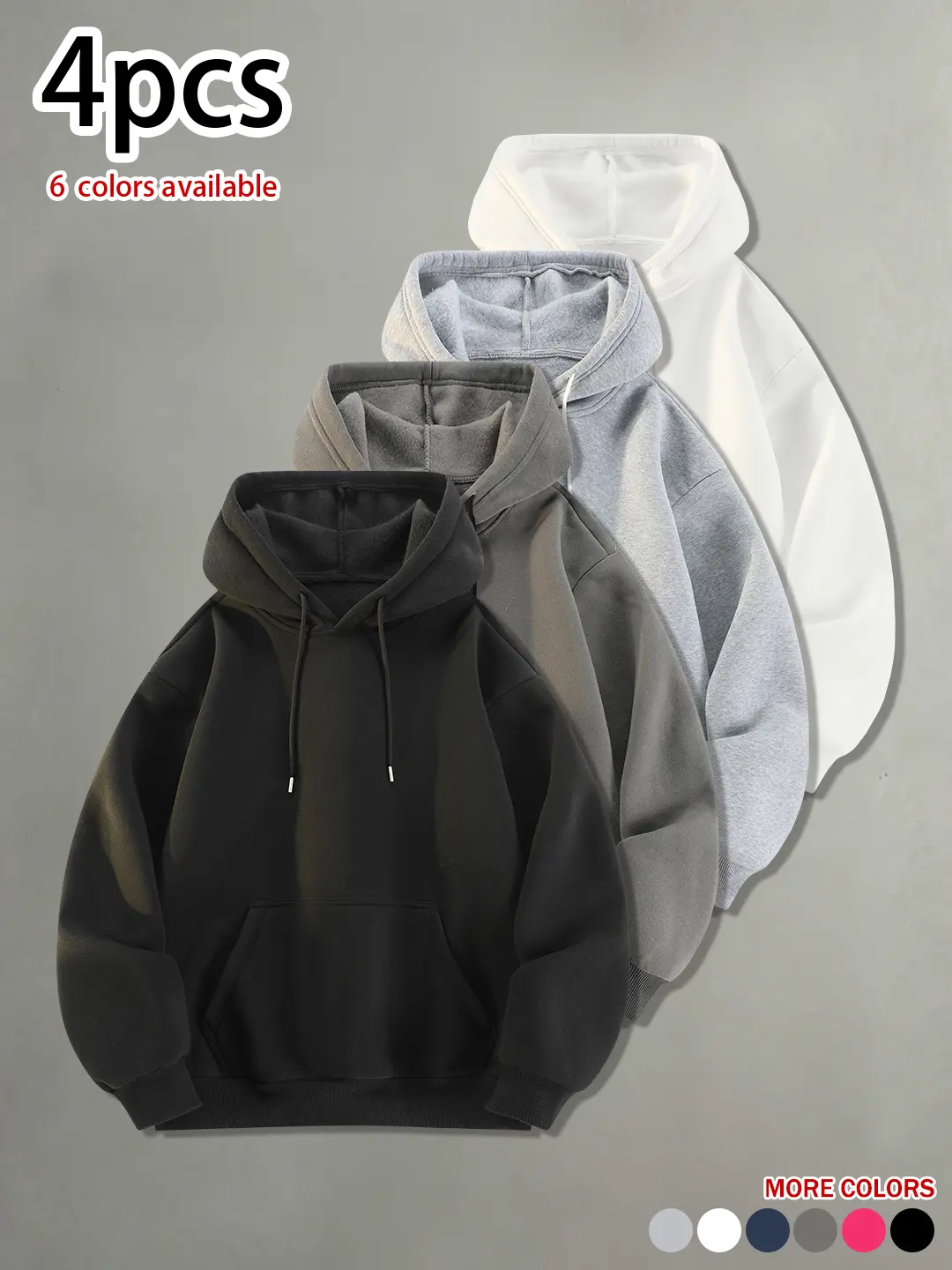 Available in packs of 4 or 1 piece. Men’s minimalist casual hooded sweatshirt—loose fit, solid color, comfortable and skin-friendly. Versatile for everyday wear in spring and autumn; trendy casual athletic pullover hoodie.