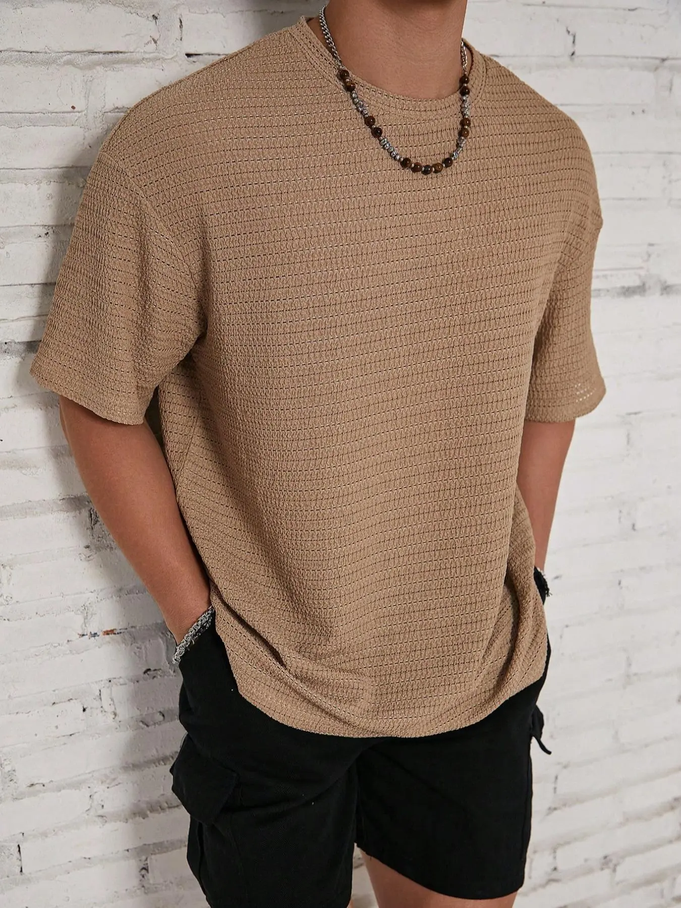Men's Solid Color Plain Hollow Out Drop Shoulder Tee, Regular Fit Casual Comfy Fit Short Sleeve Round Neck T-Shirt for Summer, Casual Fashion Minimalist, Men's Knitting Top for Daily Wear, Casual Streetwear Top, Casual Summer Clothing, Menswear
