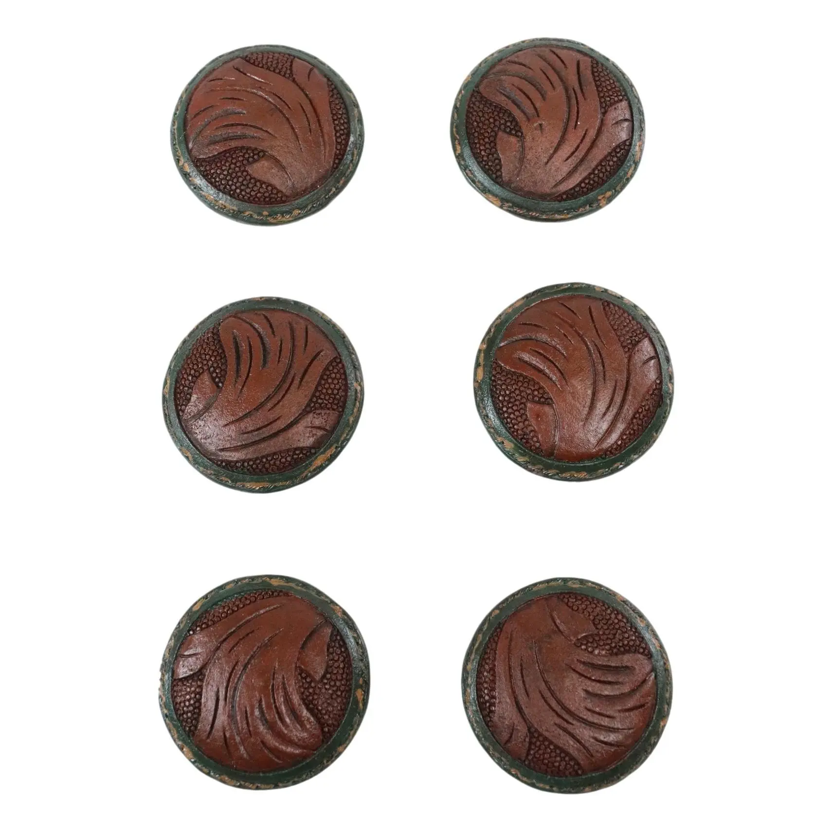 Set Of 6 Western Rustic Faux Tooled Leather Green Borders Cabinet Door Knobs