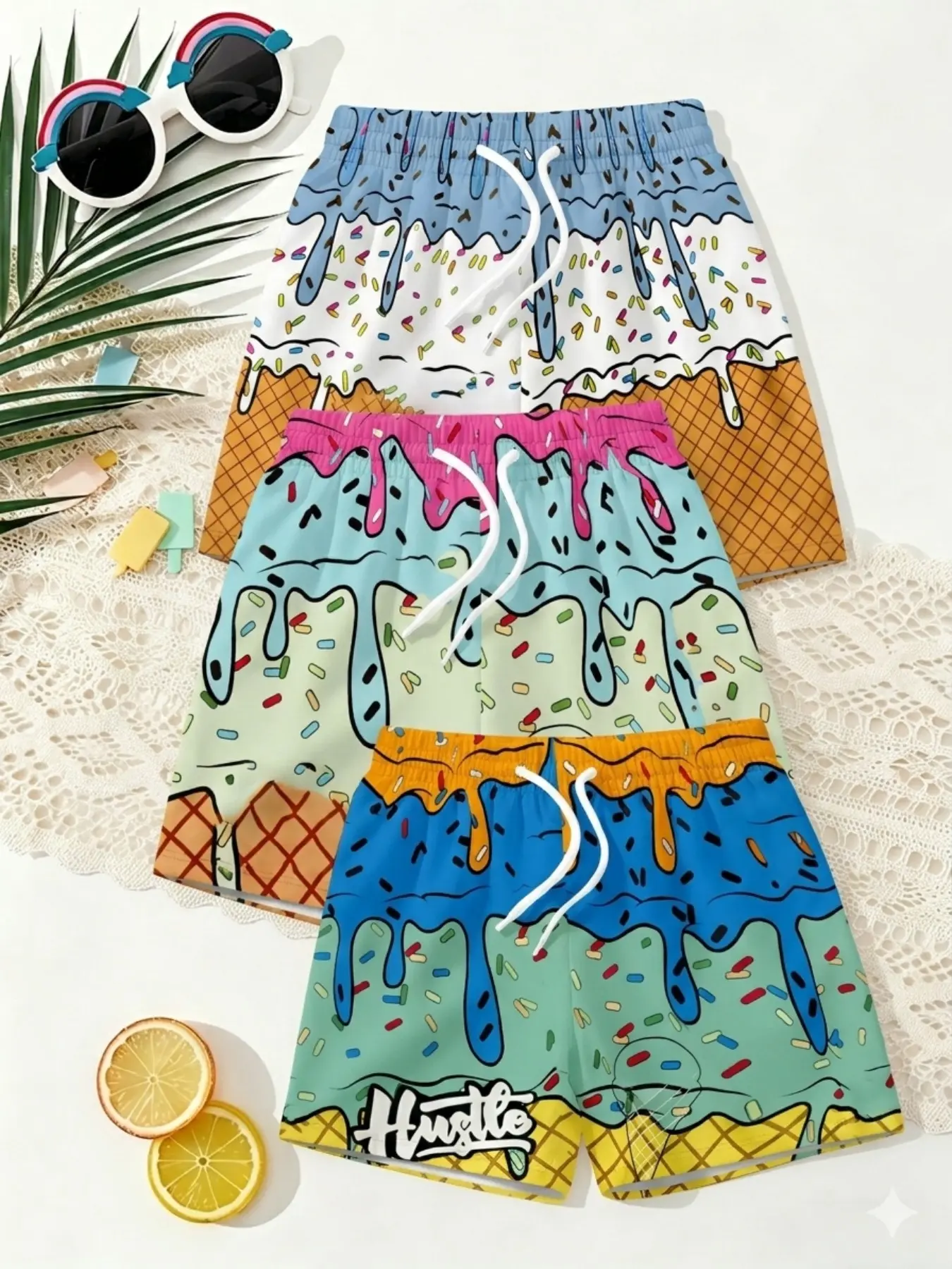 Boys' 3-Piece Summer Ice Cream Graffiti Beach Shorts, Fashion Swimwear Set, Fun Cute Kids Casual Trunks for Outdoor Wear, Birthday and Holiday Gift, Youth Swim Trunks, Swim Bottoms