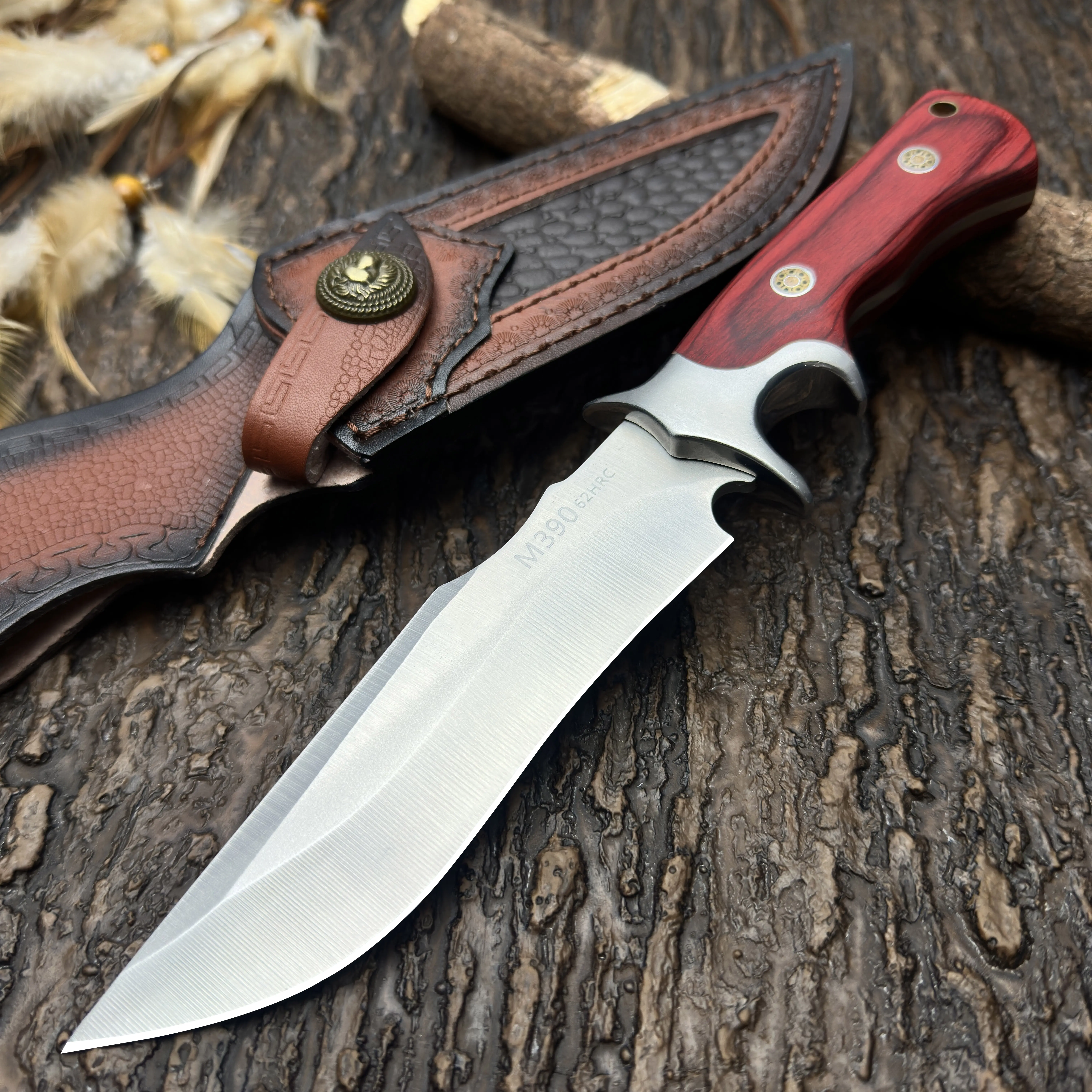 Premium Ergonomic Curved-Blade Kitchen Utility Knife, Red Solid Wood Handle, Hand-Stitched Leather Sheath for Daily Kitchen Use, Hand-Stitched Sheath, One-Piece