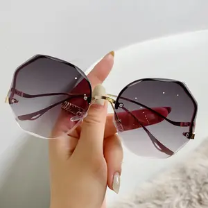 Women's Fashionable Large Frame UV Protection Sunglasses, Face Slimming, Rimless Cut-edge Design Gradient color sunglasses