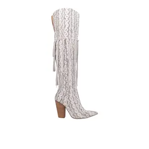 Dingo Womens Kitty Kat Fringe Snip Toe Pull On  Casual Boots Over the Knee High Heel 3" & Up - White