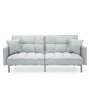 Best Choice Products Convertible Living Room Linen Fabric Tufted Split-Back Futon Sofa w/ 2 Pillows