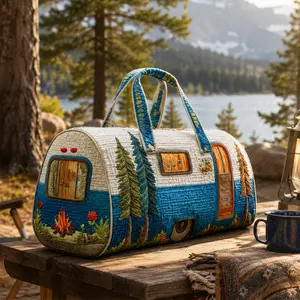 Retro Camper Van Quilted Duffle Bag for Women Men, Camping Travel Weekender Overnight Bag with Unique Patchwork Embroidery Design, Lightweight Carry-On Gym Bag for Road Trip Beach Vacation Weekend Getaway, Boho Gift convenience Handcrafted Luggage