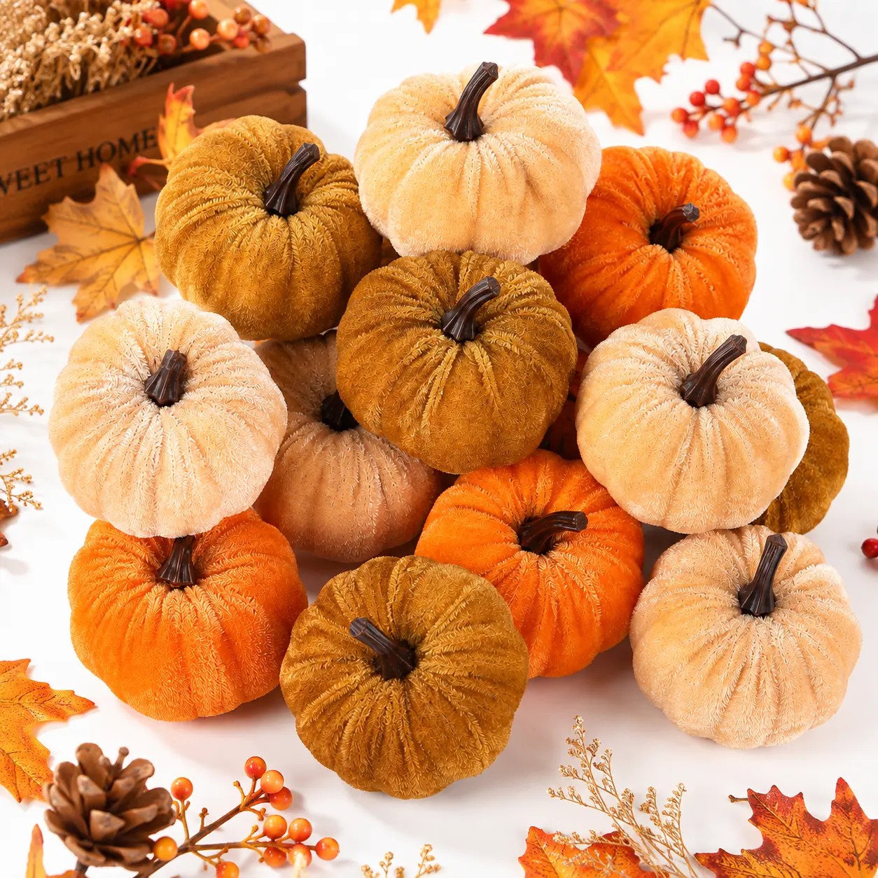 Decorative 12-Piece Velvet Pumpkin Set, Assorted Mini Faux Pumpkins in 2 Sizes for Fall, Halloween Decorations