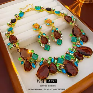 Vintage Zircon Water Drop Square Necklace Retro Exaggerated Collarbone Chain Personal Set Bold Statement Jewelry Exquisite Trendy Rhinestone Bombshell