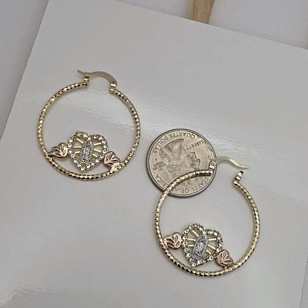VIRGIN MARY Hoops   hearts with clear stones  fashion religious style medium-sized