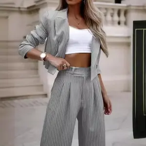 Women's 2 Piece Blazer Set Striped Cropped Blazers Jacket High Waist Wide Leg Work Pants Business Suit Outfits