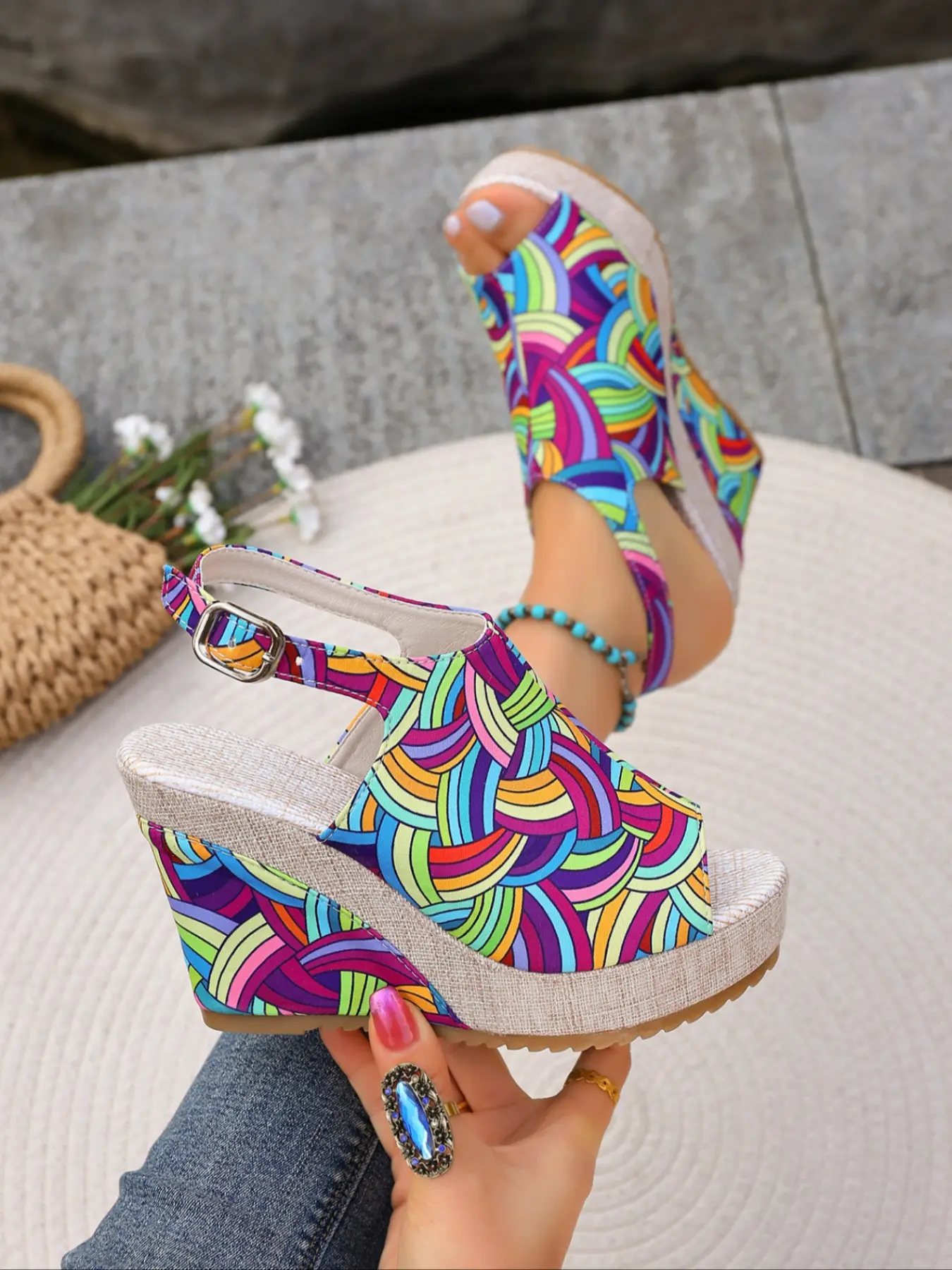 Women's Boho Style Rainbow Color Textile Material Sandals, Wedges Sandals, Thick Sole Wedge Heel Design, All-Over Printed Fabric Shoes, Comfortable Daily Wear Footwear