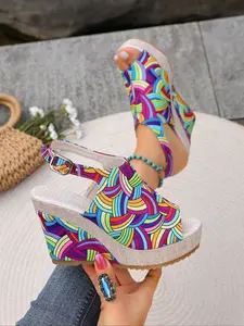 Women's Boho Style Rainbow Color Textile Material Sandals, Wedges Sandals, Thick Sole Wedge Heel Design, All-Over Printed Fabric Shoes, Comfortable Daily Wear Footwear