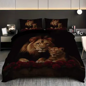 3pcs Lions pattern printed bedding set, 1 duvet cover+2 pillowcases, polyester fiber bedding set, king size bed, couple bed or single bed, suitable for couples and adult bedrooms