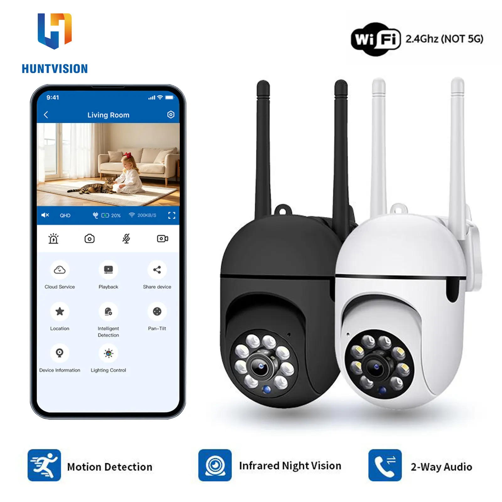 Huntvision 2K Baby Monitor Pet Camera Ultra Clear 360 WiFi Indoor Surveillance Camera with Two-Way Audio and Color Night Vision for New Moms Home Living Room Security