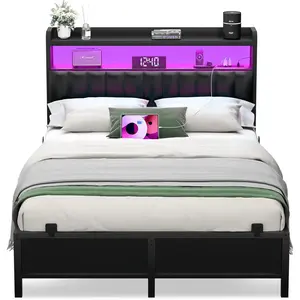 Unikito Smart Upholstered Bed Frame with Charging Station, LED Lights, and Adjustable Headboard Storage,Luxury Upholstered Headboard,Convenient Charging Station with LED Strip,Durable Strong Metal Slats,Extra Storage Space & Easy Cleaning