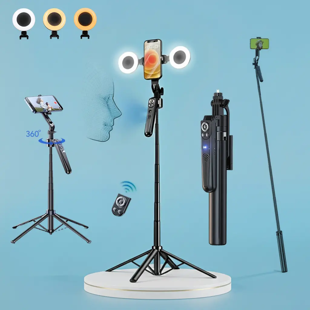 Auto Face Tracking Tripod for iPhone with 2 Fill Lights,360 Rotation Selfie Stick,70" Phone Stand with Rechargeable Remote Control for TikTok Vlog Video Recording,Tripod for GoPro/Camera/Ring Light