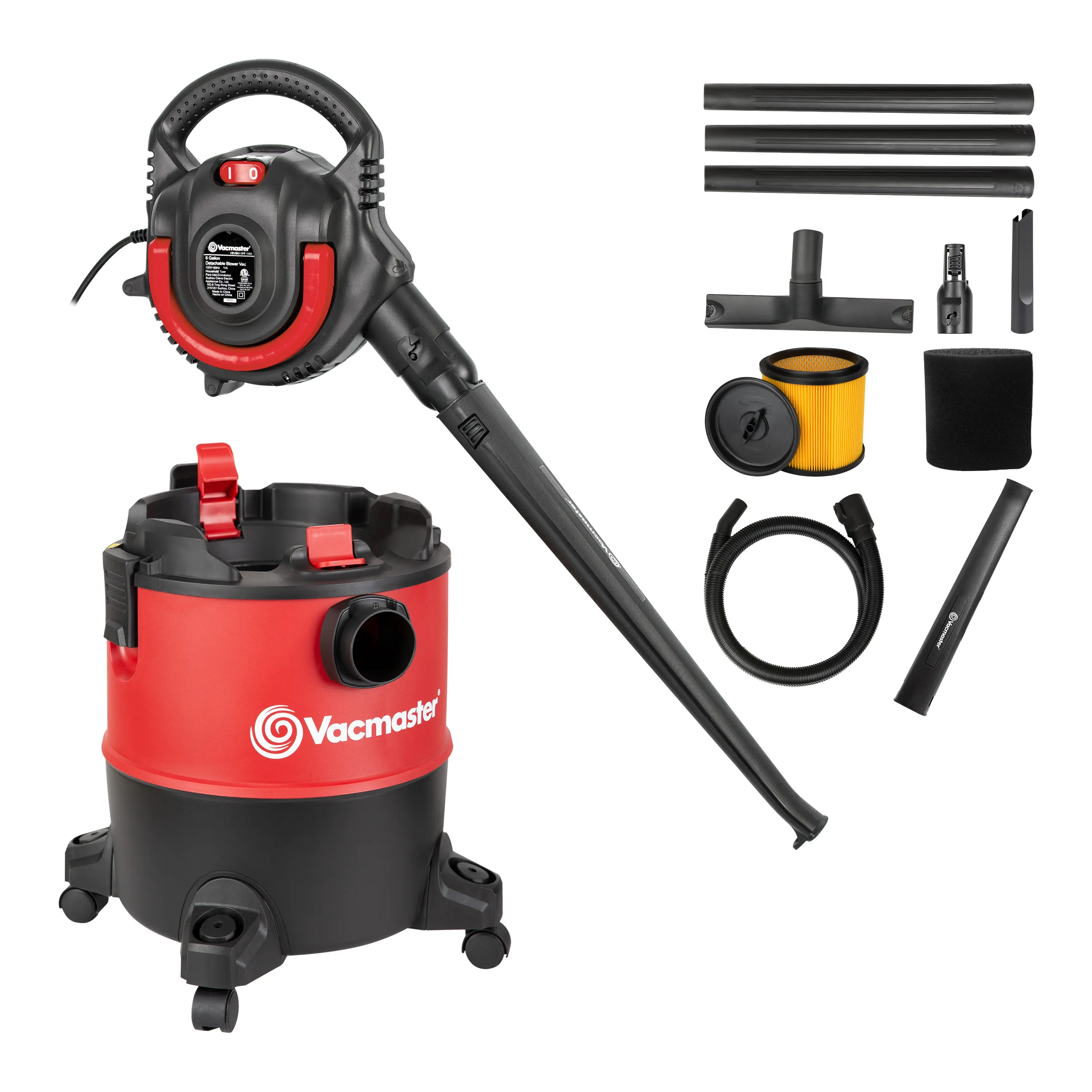 VacMaster VBVB611PF 1101 6-Gal 5-Peak HP Wet-Dry Shop Vacuum with 1-1/4-Inch Hose, Powerful Suction, Detachable Blower, Rugged Polypropylene Tank, Floor Brush, Extension Wands, Folding Handle, Squeegee Nozzle, Standard Cartridge Filter, Compact Vacuums, D