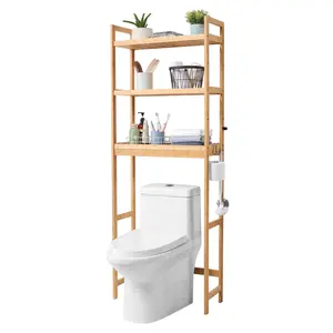 VEVOR Over the Toilet Storage,  3-Tier Adjustable Over Toilet Bathroom Organizer, Bamboo Storage Shelf Rack with 3 Hooks, Freestanding Easy Assembly Laundry Space Saver, Fit Most Toilets