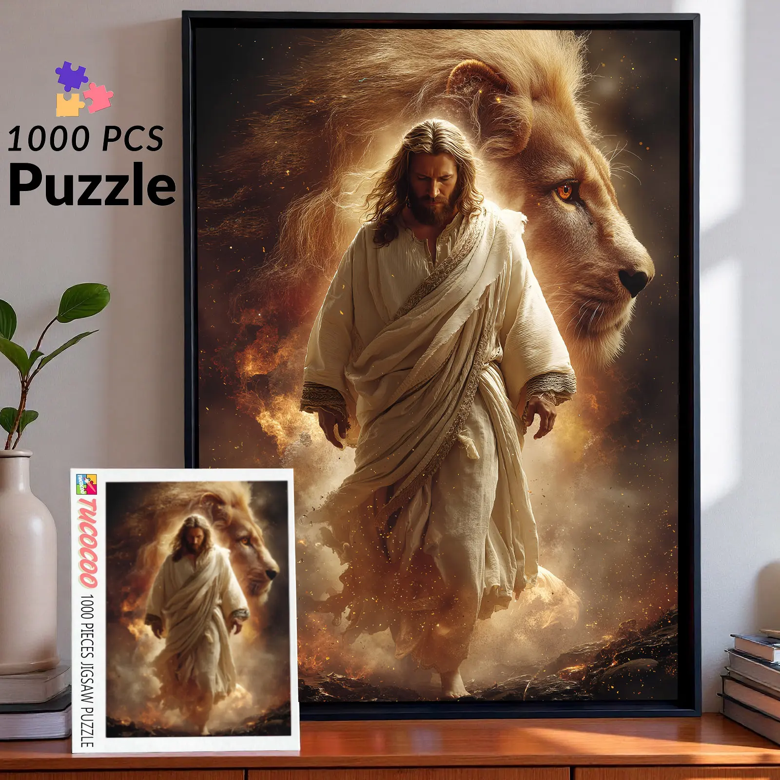 Spiritual Lion Faith Portrait 1000 Pieces Jigsaw Puzzle for Adult, Powerful Symbolic Guardian Animal and Sacred Figure Art, Relaxing Family Game Stress Relief Brain Challenge Meaningful Wall Decor Gift 27.5x20inch(70x50cm)