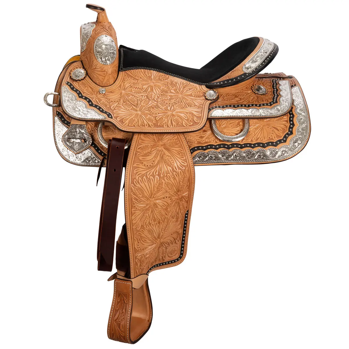 Schneiders Cody II Western Silver Show Saddle, Fiberglass Tree, Full Horsebars, Hand Tooling, Rawhide Wrap for Show Riding, Comfortable Fit, Lightweight Rawhide-Wrapped, Flexible Leather Latigo Straps, Padded Seat