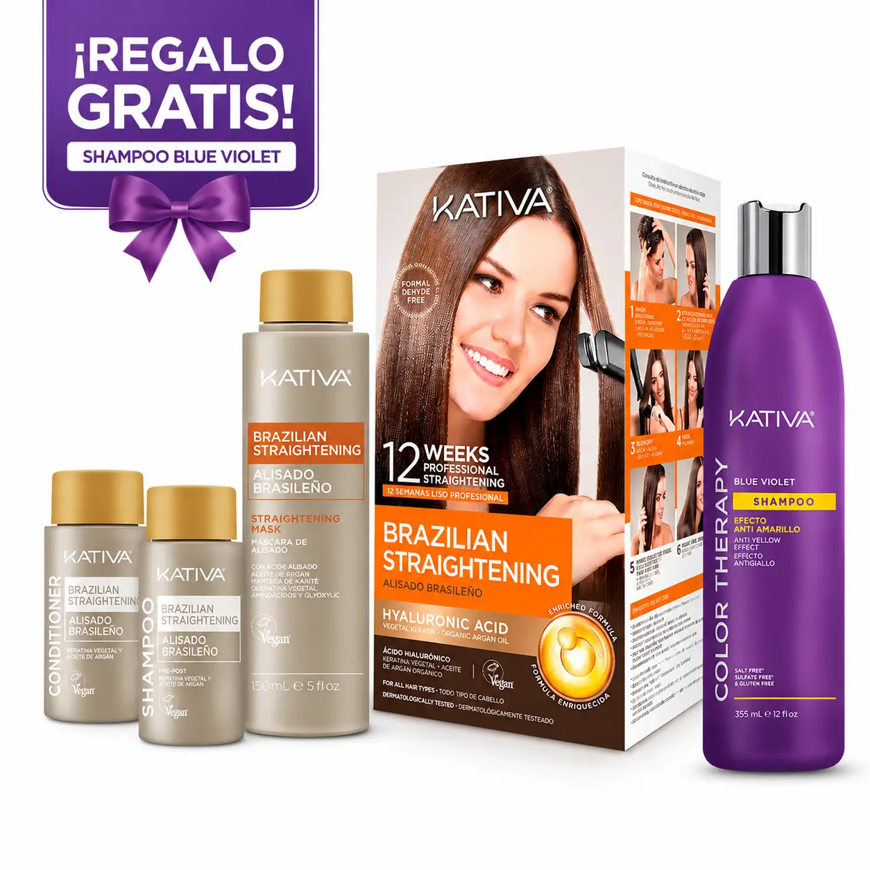 Kativa Professional Brazilian Keratin Straightening Kit with Organic Argan Oil, 12-Week Frizz-Free Treatment with Anti-Yellow Violet Shampoo